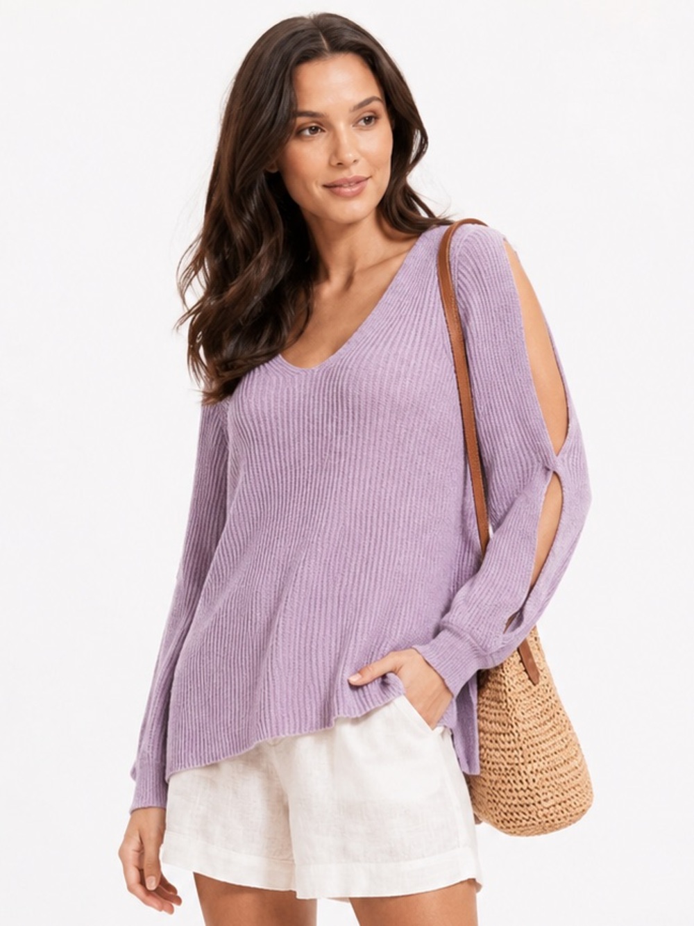 1.STATE Lavender Cold Shoulder Rib Knit Sweater Large NWOT Feminine Chic Flowy